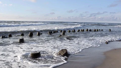 Wavebreakers on Baltic Sea coast Stock Footage 92077940