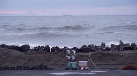 Wavebreakers at the Tohoku coast Stock Footage 53206711