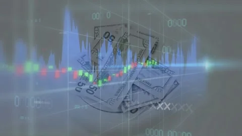 Waveform and candlestick sliding right, money stack tilting while charts showing Stock Footage 328656769