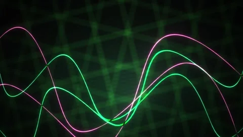 Waveform Animation with Glowing Neon Pink and Green Lines on Dark Grid Stock Footage 344725051