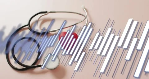 Waveform appearing and pulsing over pink table, obscuring stethoscope and red Stock Footage 334034177