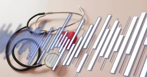 Waveform appearing and pulsing over pink table, obscuring stethoscope and red Stock Photos