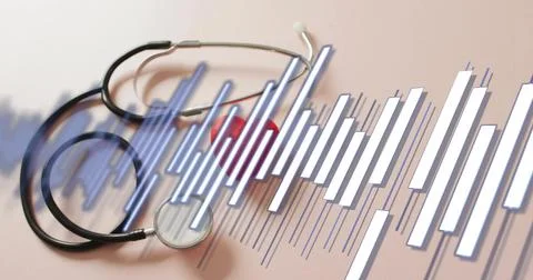 Waveform appearing and pulsing over pink table, obscuring stethoscope and red Stock Photos