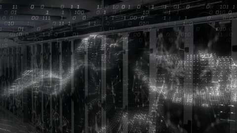 Waveform appearing moving right and sending data, racks lighting and binary Stock Footage 332566429
