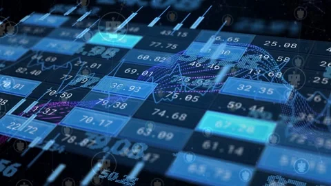 Waveform arching across 3D data grid, tiles pulsing, numbers updating, Stock Footage 335281719