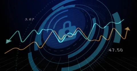 Waveform arrows entering from sides, HUD rings assembling around padlock, 스톡 일러스트