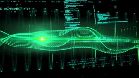 Waveform core emerging left, moving right, peaking spikes, scrolling code, Stock Footage 328685380