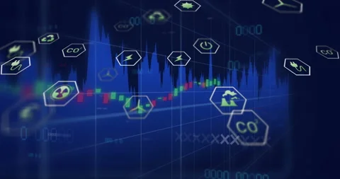 Waveform emerging on 3D grid causing hex icons drifting and bars sliding showing Stock Footage 311046612