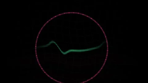 Waveform Glowing Green Line Moving Inside Pink Circle on Dark Grid Backgrou.. Stock Footage 343773242