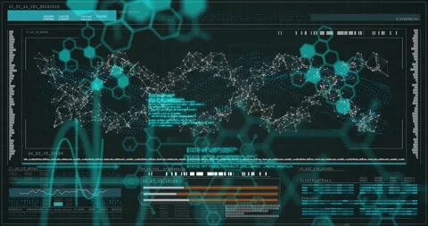 Waveform graph animating triggers network pulsing, code scrolling and bars Video stock 317858518