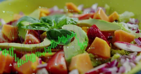 Waveform graph fading in over lime green salad bowl, moving across avocado and Stock Footage 311141396