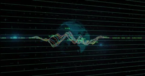 Waveform graph fluctuating on dashboard screen, with grid lines, globe and Stock Photos