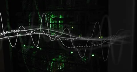Waveform image over green-lit server racks in data center Stock Photos