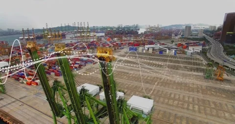 Waveform lines emerging from left, flowing through green cranes and yard, Stock Footage 317600036