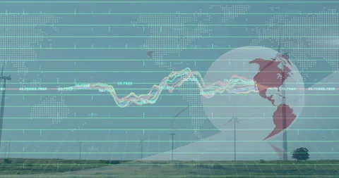 Waveform lines emerging on world-map and globe rotating above wind turbines Stock Footage 313168818