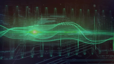 Waveform oscillating over traces sparking glowing node moving right boosting Stock Footage 312408283