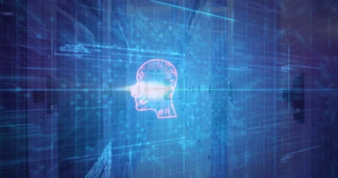 Waveform pulse causing head outlines fading as neon pink silhouette merging Stock-Footage 312467172