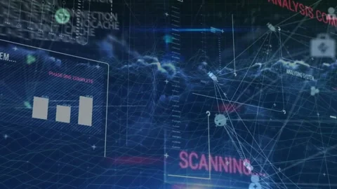 Waveform pulsing causing UI fading, code streaming, network nodes animating for Stock Footage 327713771