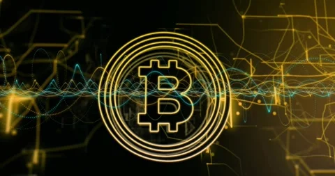 Waveform pulsing, initiating rings drawing inward, revealing Bitcoin coin, Stock Footage 321700349