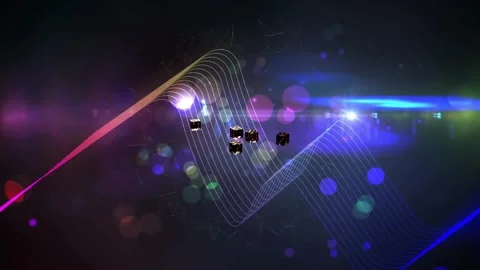 Waveform pulsing from lower left, six-cube cluster rotating separating rejoining Stock Footage 340674866