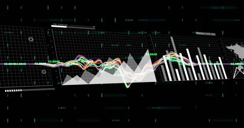 Waveform ribbons expanding and stacking on data pulse, rotating grid marking Stock Footage 334835626