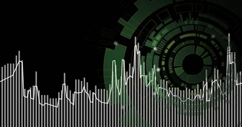 Waveform spiking driving white bars pulsing while green HUD lighting and Video stock 313704144