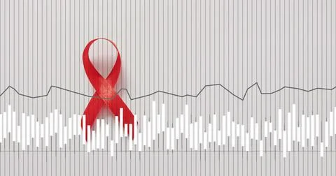 Waveform starting bars and jagged line pulsing while red ribbon casting soft Stock Photos