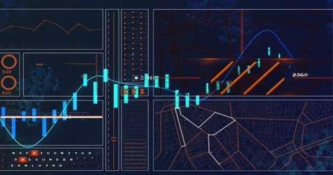 Waveform starting dashboard, candles dipping then rising, map tracing routes, Stock Footage 320896334