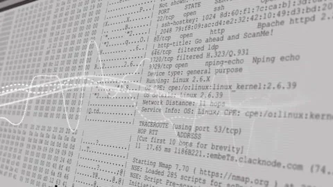 Waveforms brightening and panning on play as ASCII net scan text scrolling to 動画素材 312348433