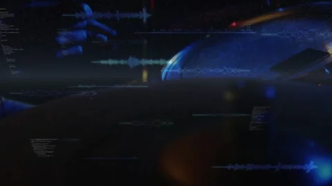 Waveforms intensifying, user's right hand moving on blue-lit mouse, HUD reacting Stock Footage 321890110