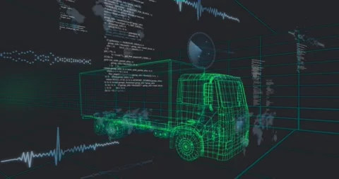 Waveforms materializing beside neon-green wireframe truck on grid, visualizing Stock Footage 330248780