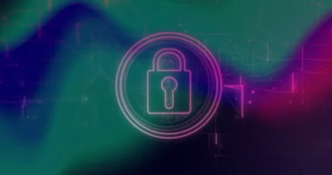 Waveforms receding revealing padlock icon in rings while waves pulsating Stock Footage 310864328