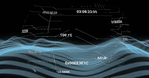 Waveforms rising and falling causing floating data forming rotating dome Stockbeeldmateriaal 317370197