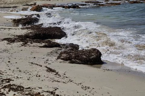 Waves against large rocks on the beach shore Stock Photos
