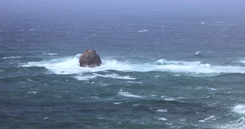 Waves against lonely rock with seagulls Stock Footage 219957548