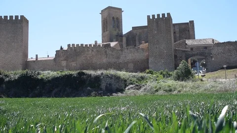 Waves of air in the wheat field next to the castle of Artajona Spain Stock Footage 111819223