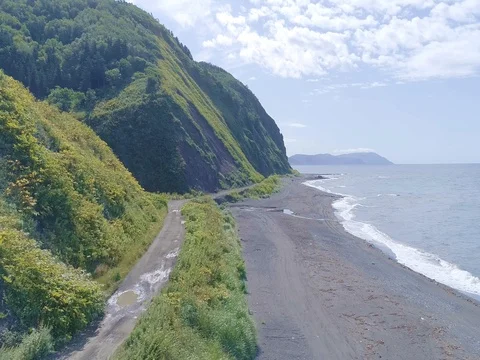 Waves and empty coastal strip aerial Stock Footage 80460431
