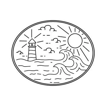 Waves and light house illustration line art badge patch pin graphic Stock Illustration