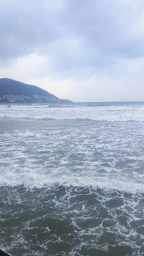 Waves and seaside view in winter, beach with waves  55729~2 Stock Footage 304372188