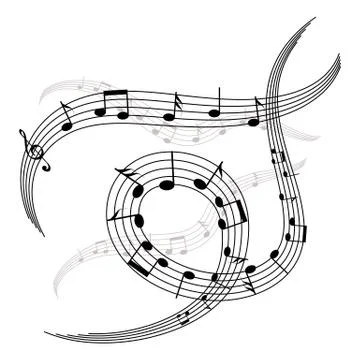 Waves and spirals of music notes and stave Stock Illustration