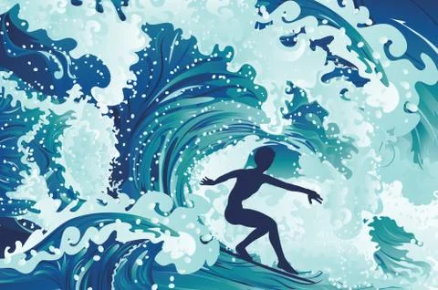 Waves and surfer silhouette Иллюстрация