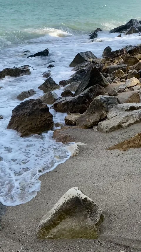 The waves are beating against the rocks on the seashore. Golden Sands, Bulgaria. Video stock 343343067