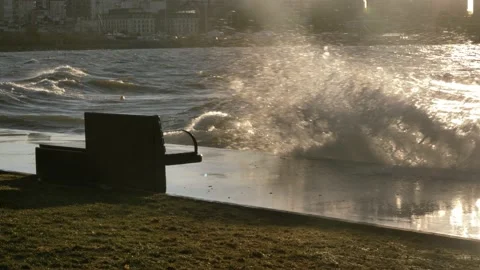 Waves are crushing on the coastline during sunset Stock Footage 166307655