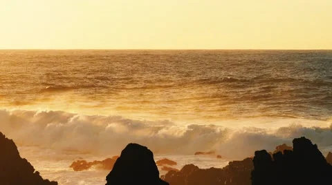 Waves Atlantic Ocean Breaking onto Rocks, sunset Stock Footage 68175990