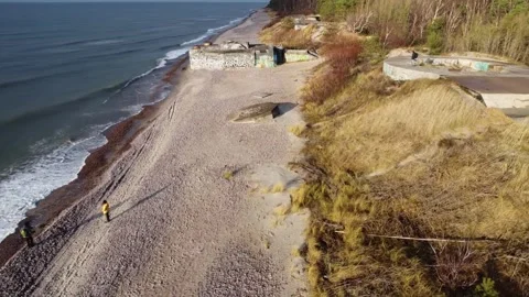 Waves of the Baltic Sea Approaching Historic WWII Coastal Bunker Stock Footage 330231915