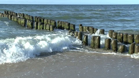 The waves of the Baltic sea break on an old wooden breakwater. Video Full HD Video stock 101553529