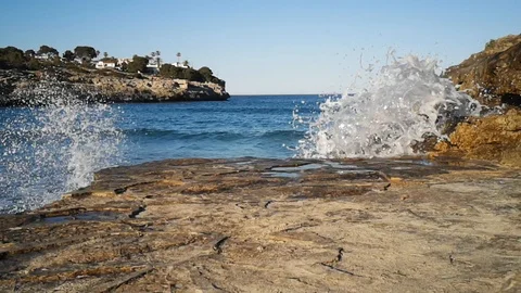 Waves on the beach of Cala Mandia Mallorca in summer slow motion Stock Footage 108282801