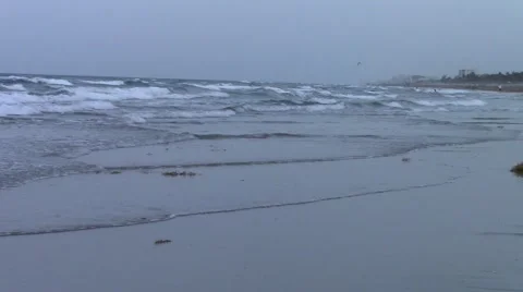 Waves on Beach with Distant People and Parachuter Stock Footage 49976346