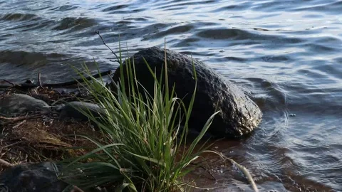 The waves beat against the stone. Stock Footage 129523455