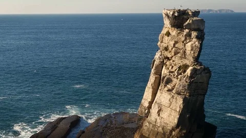 Waves, birds and rock formations on a shore in Portugal 库存影片 112893629